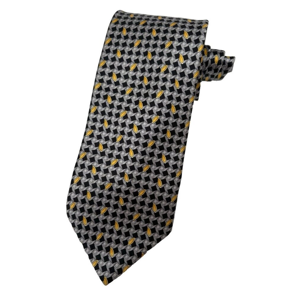 ZILLI Men's 100% Silk Necktie Luxury Geometric Gray Black Gold ITALY 61" EUC